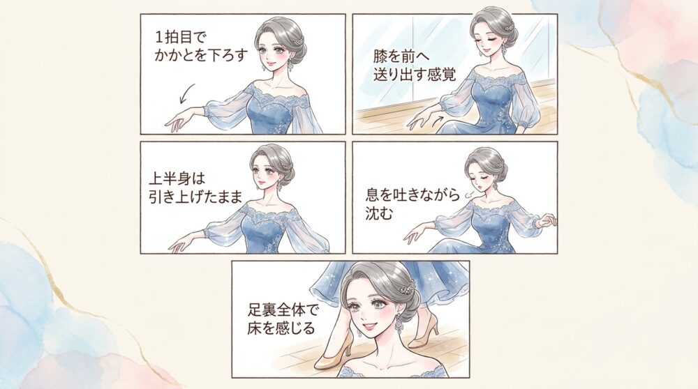 1拍目の重みを感じながら膝を緩める動作を繰り返す