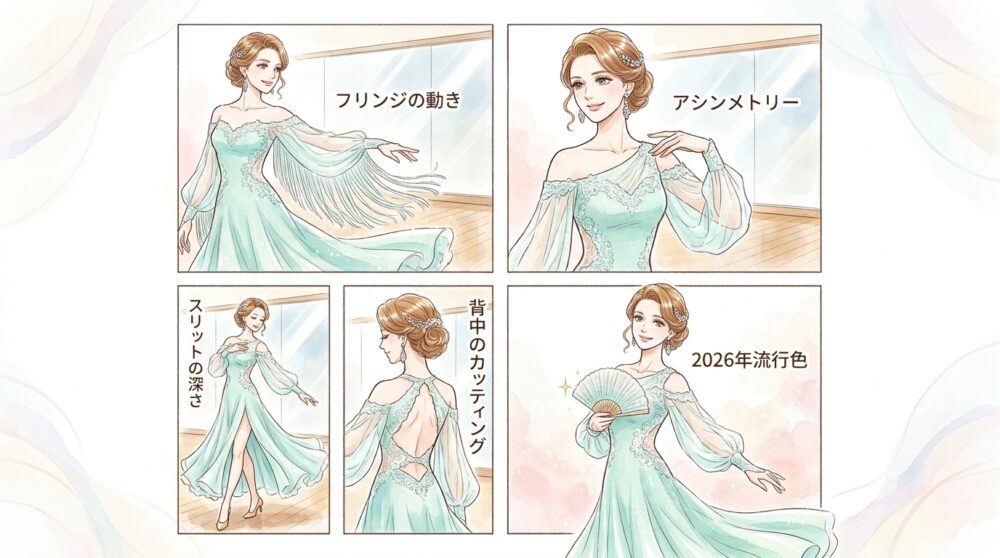 2026年のトレンドカラーを取り入れた最新のラテンドレスがフロアで目を引く