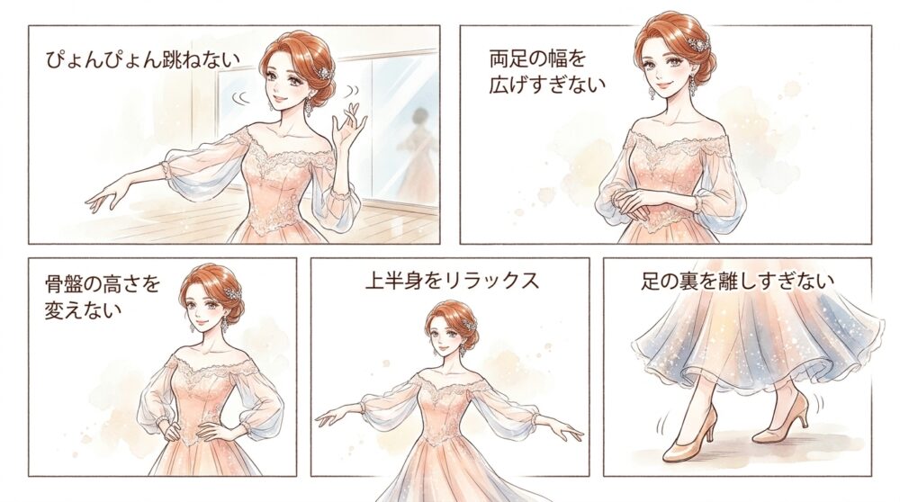 シャッセの瞬間に重心を低く保つ意識が重要だ