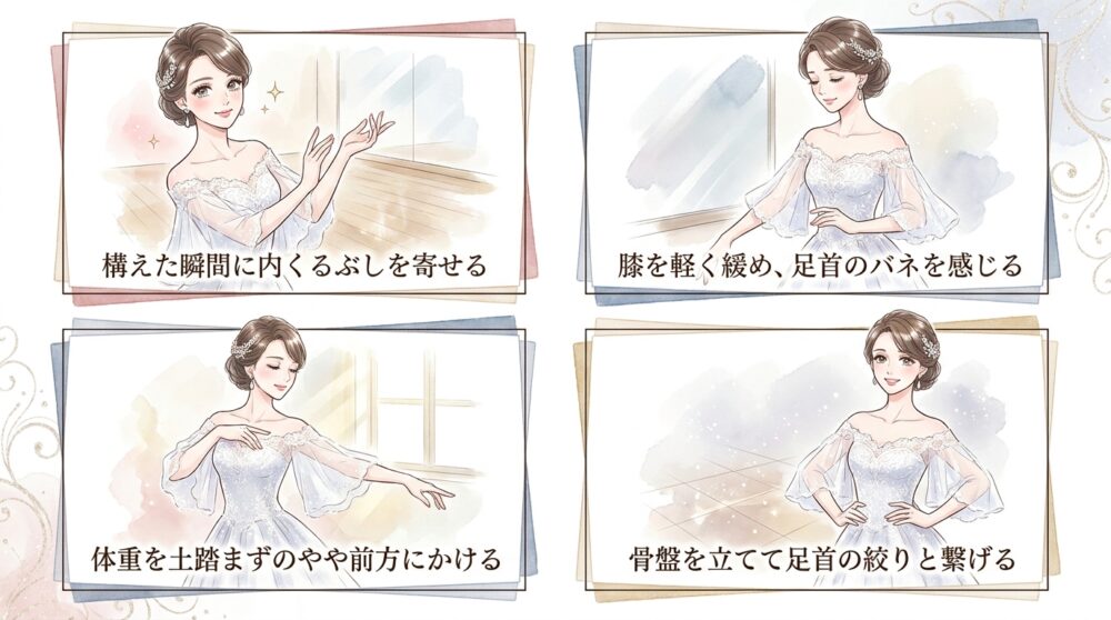 予備歩から足首のテンションを一定に保つ