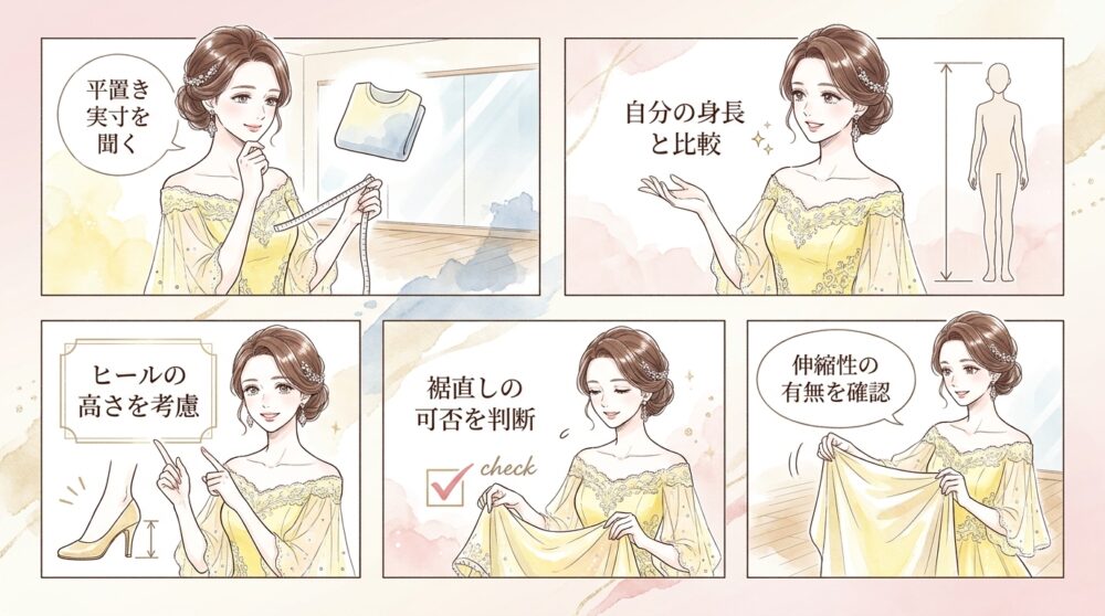 伸縮性の程度や丈の長さを自分のサイズと照らし合わせる