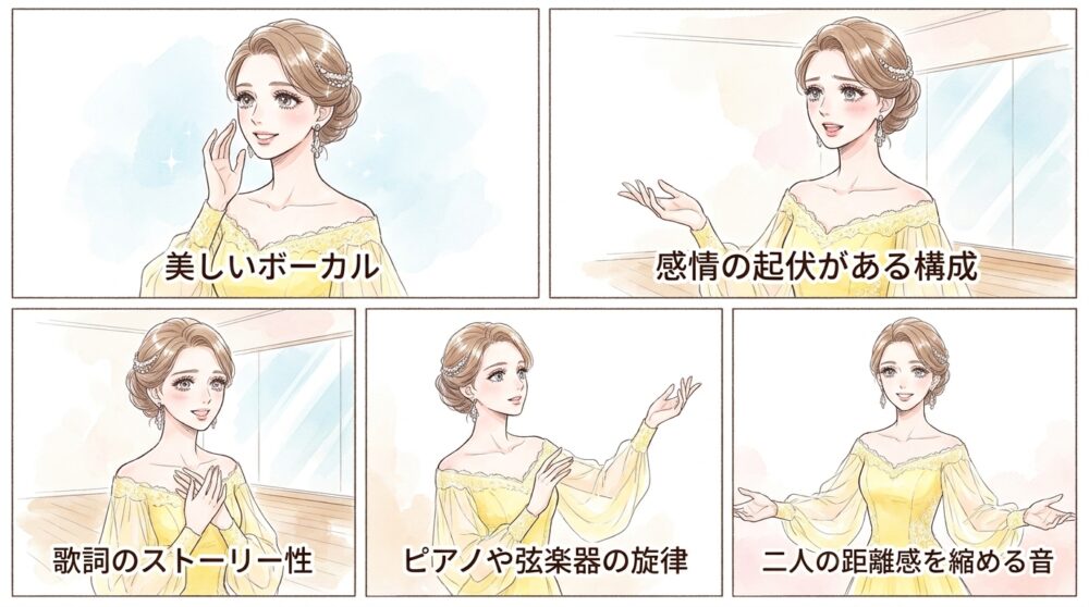 感情表現を豊かにしてペアの親密さを演出できるバラードを揃える