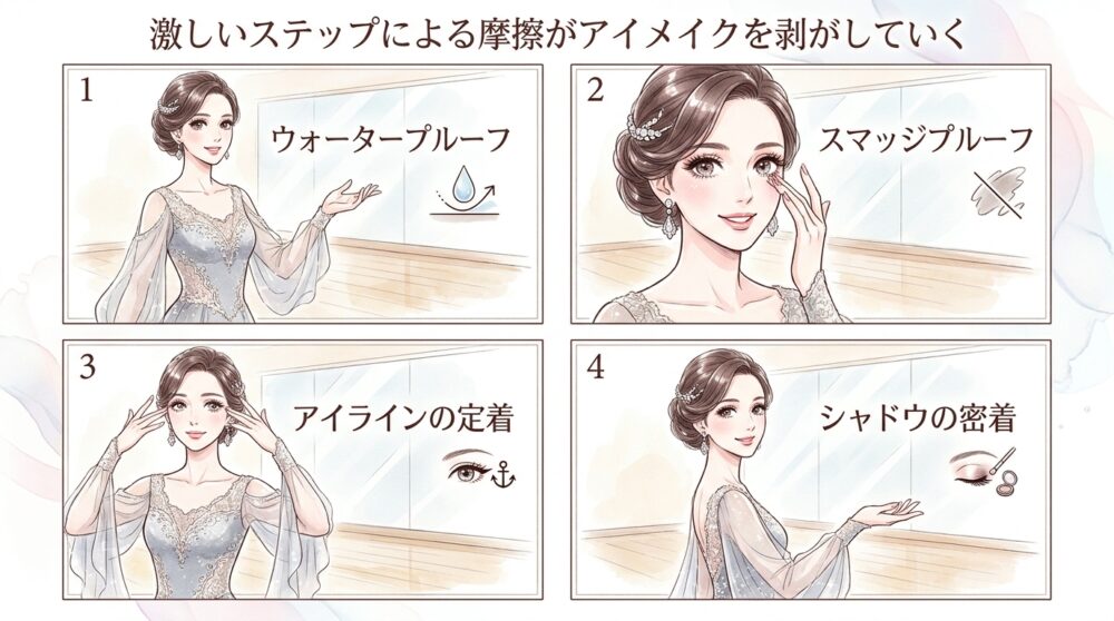 激しいステップによる摩擦がアイメイクを剥がしていく