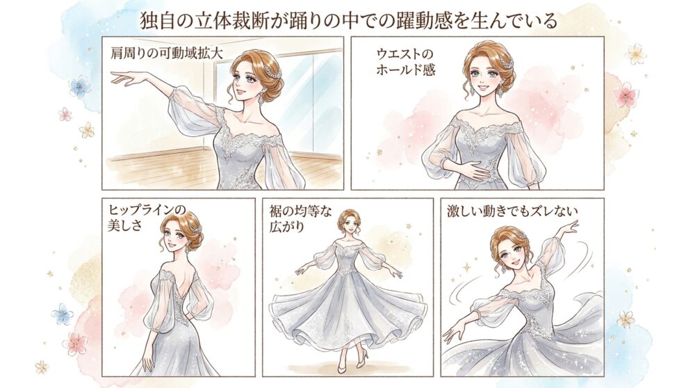 独自の立体裁断が踊りの中での躍動感を生んでいる
