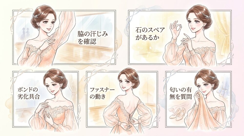 石取れや汗じみなど写真では見えにくい劣化状態を質問する