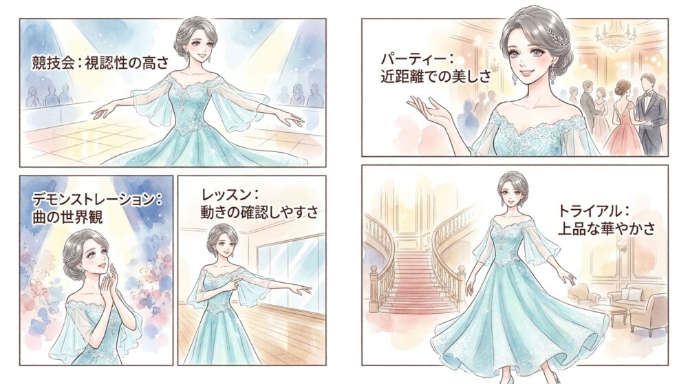 競技会やパーティーといった場面の目的に合わせて選んでいる