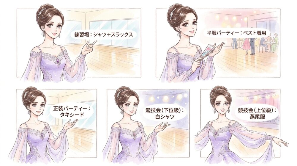競技会やパーティーなどシーン別のドレスコードを確認しておく
