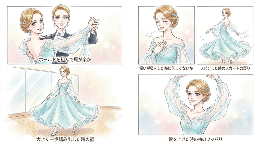 試着時にチェックすべきホールド時の肩のラインと裾の広がり