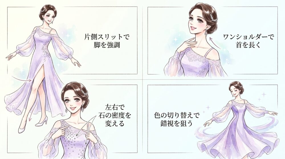 アシンメトリーなカッティングが身体のキレを鋭く見せる