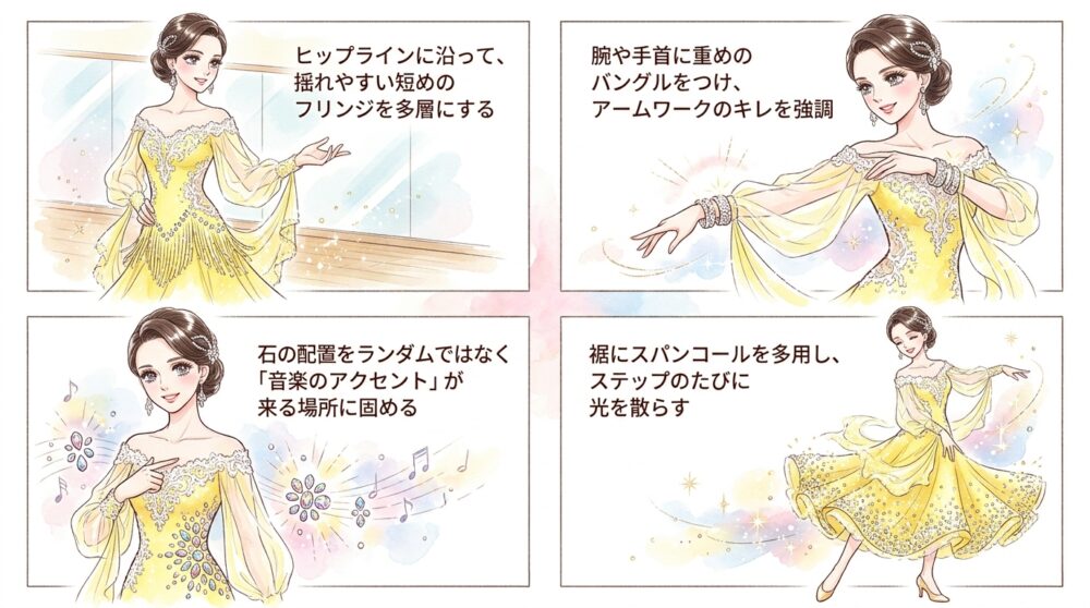 チャチャチャやサンバでリズムを視覚化する装飾を配置する