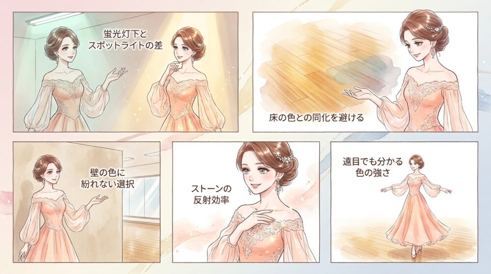 会場の広さや照明の強さを考慮せずに色を選んでいる