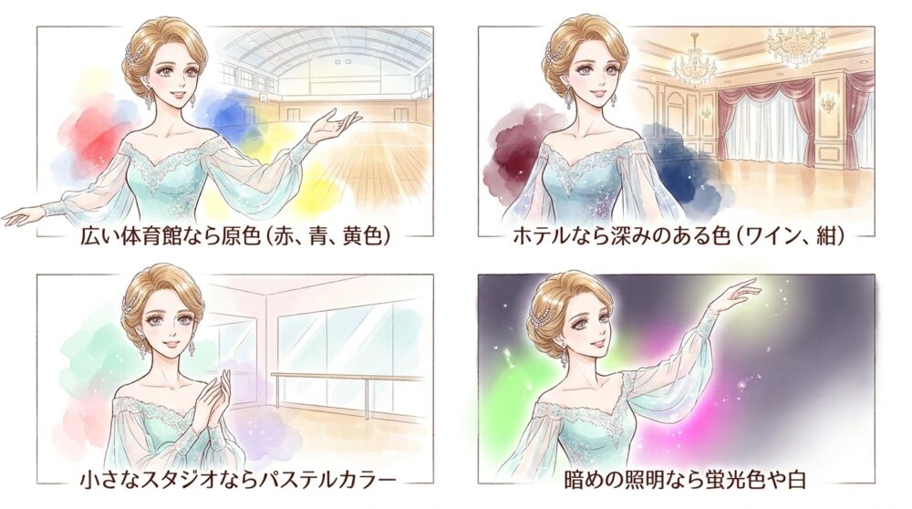 会場の照明や広さを考慮しないと舞台上で地味に見える
