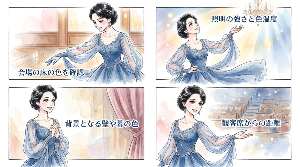 会場の照明条件下で最も美しく見える色を選び抜く