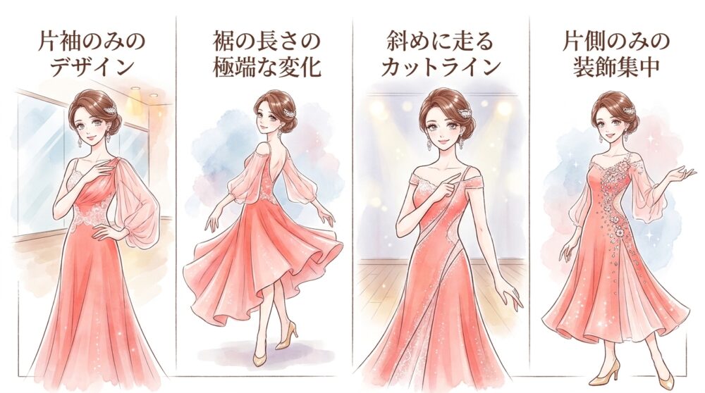左右非対称のシルエットがキレのある回転を際立たせる
