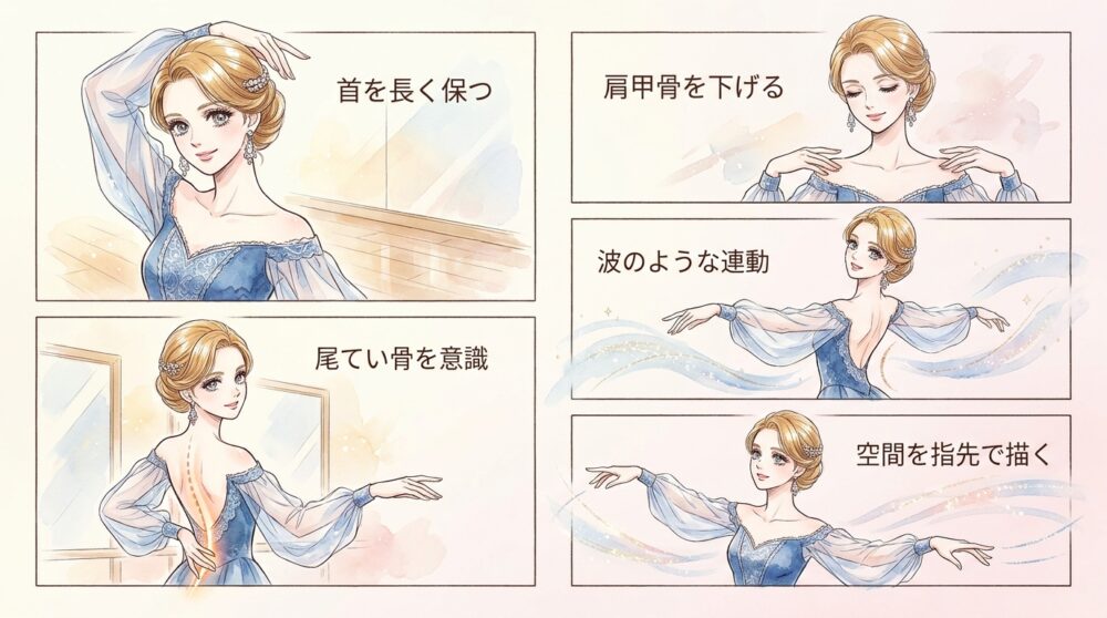 指先まで連動する背骨のしなりが表現力を高めてくれる
