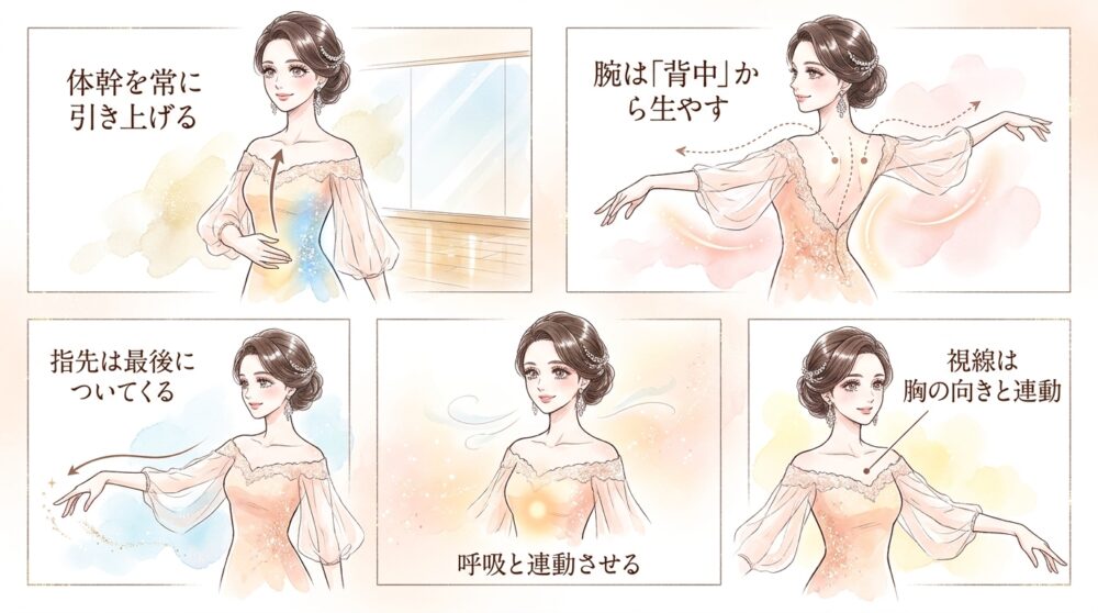 指先や視線ではなく「みぞおち」からエネルギーが伝わっていく