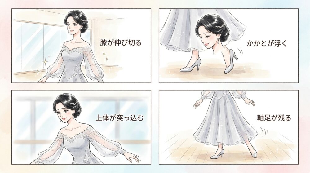 歩幅を無理に広げようとして体のバランスを崩している
