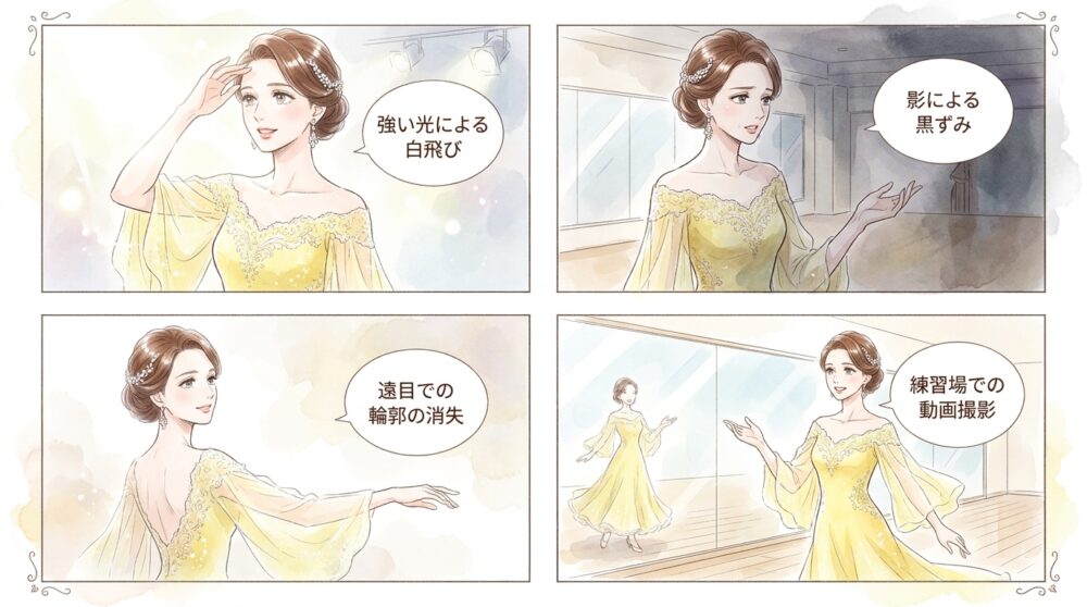 競技会の照明下で見ると色がくすんで見えてしまう