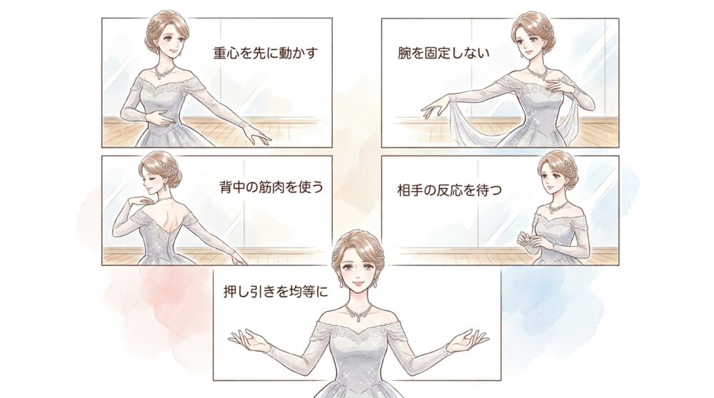 腕の力に頼らずに体幹の動きでパートナーへ合図を送っていく