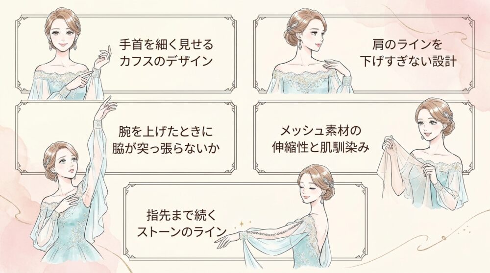 腕の動きを美しく見せるスリーブの形状をチェックしておく