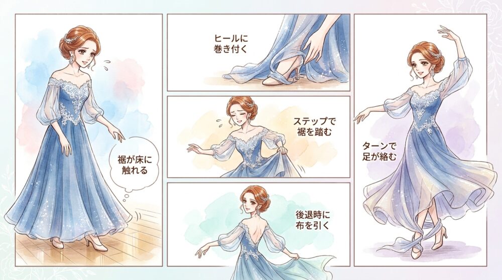 裾が長すぎてヒールに引っかかってしまう