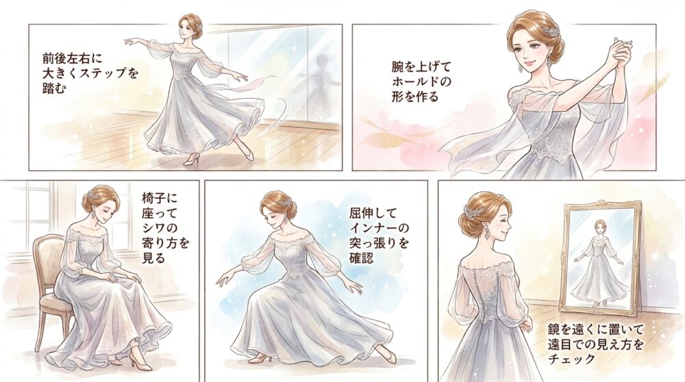 試着の段階でステップを踏んでスカートの広がりを確かめる